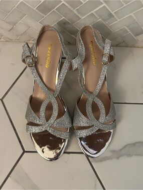 Glitter Strappy Silver Heels with Ankle Buckle